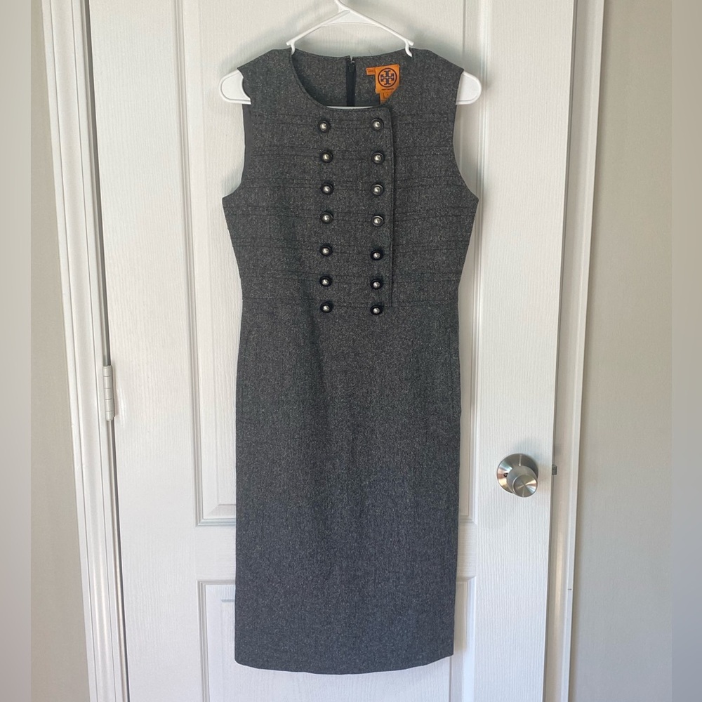 Tory Burch Double Breasted Design Charcoal Gray Wool Blend Sheath Dress